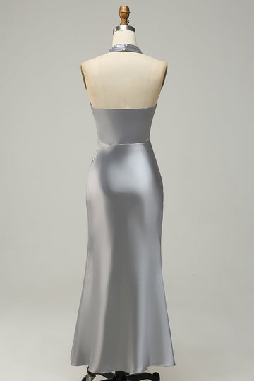 Sheath Halter Neck Silver Long Bridesmaid Dress
